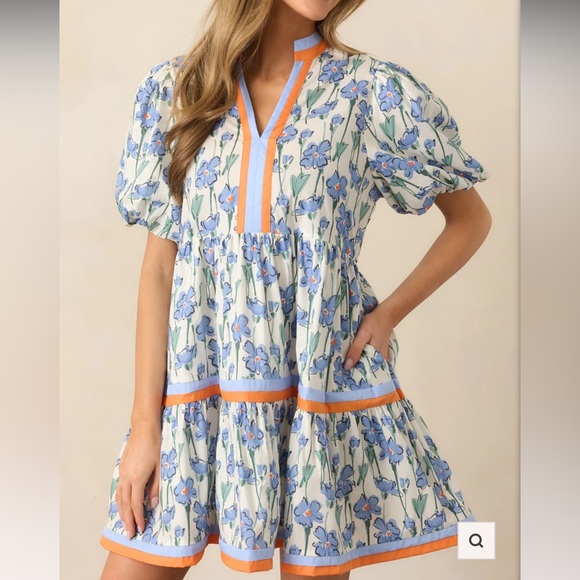 Entro Blue Floral Dress with Orange Accents - Picture 5 of 5